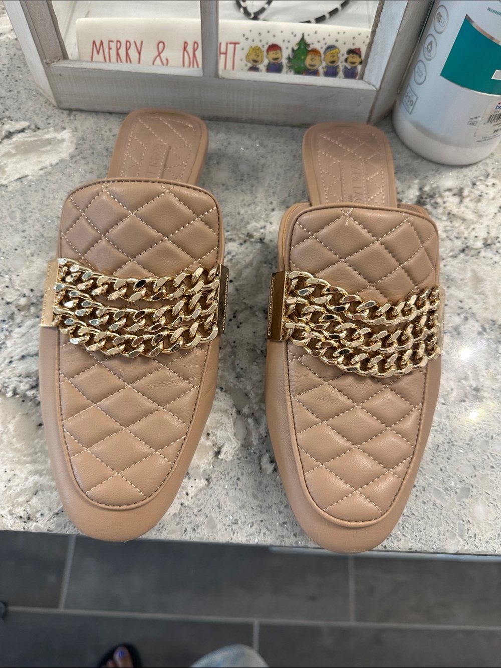 Karl Lagerfeld Quilted Nude Slide Mules with Gold Chain